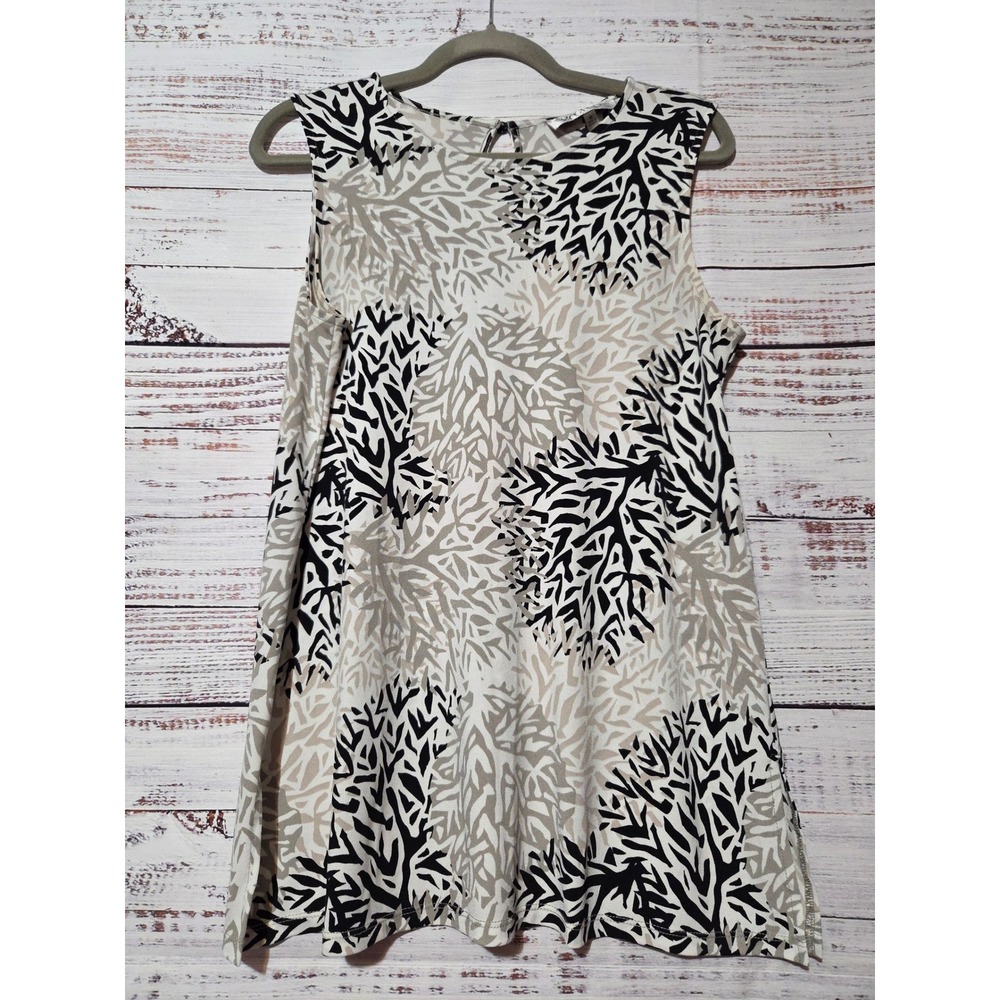 Kasper Womens Medium Sleeveless Shell Top Black Tan Abstract Print Keyhole Back
